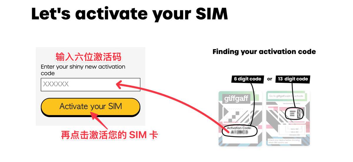 giffgaff 官方激活页面与 6 位激活码输入界面